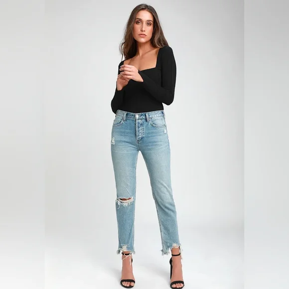 Free People Black Ribbed Bodysuit Square Neckline Party Cocktails Concerts - Picture 3 of 10